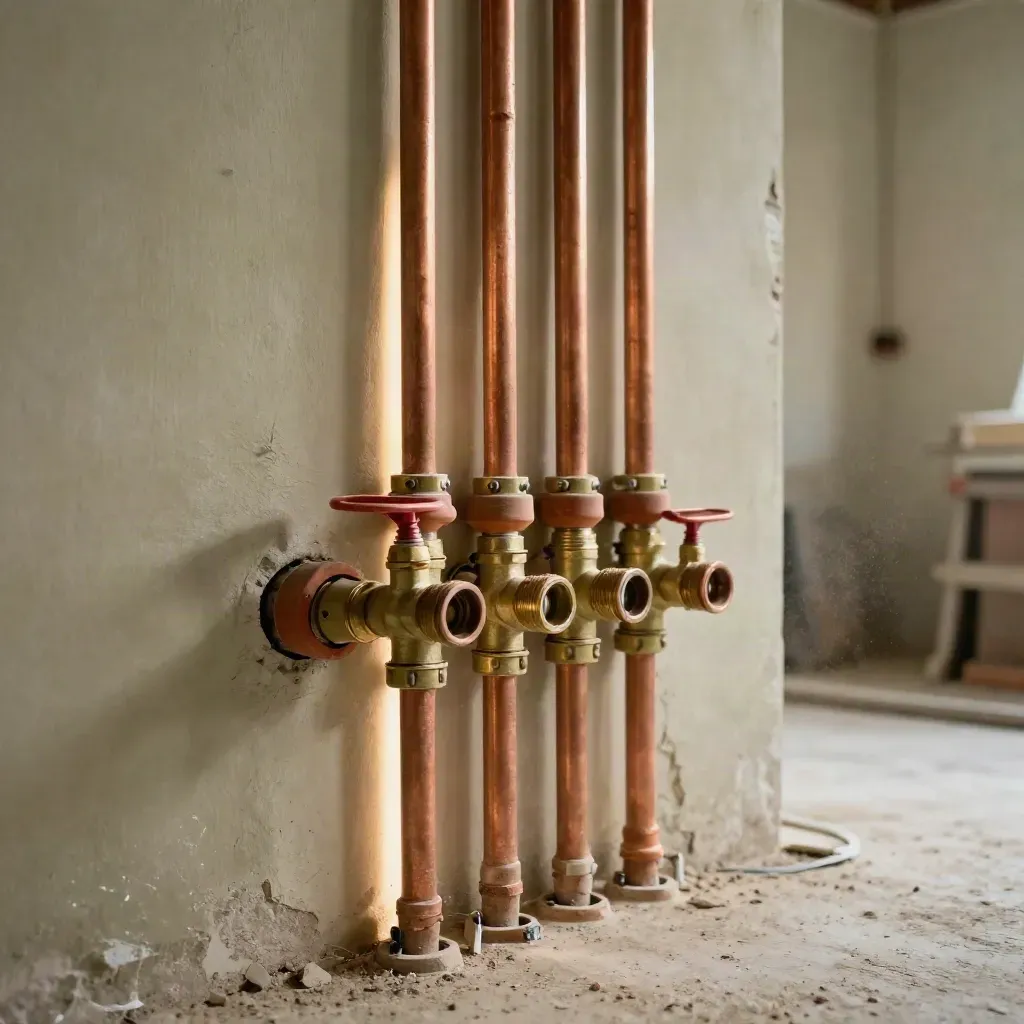 Impianti elettrici e idraulici a vista in un cantiere di ristrutturazione, ripreso dal basso.