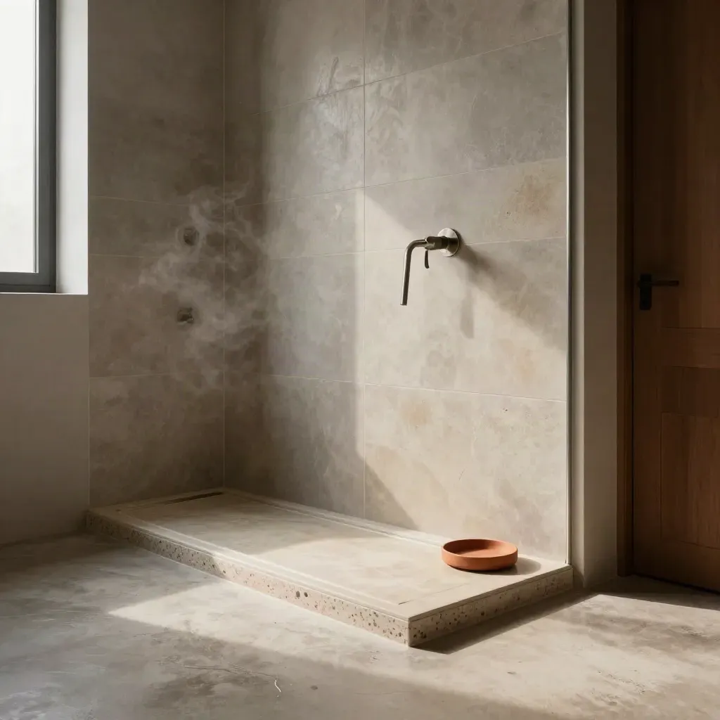 Bagno nuovo con doccia walk-in, piastrelle opache e luce calda, finitura impeccabile.