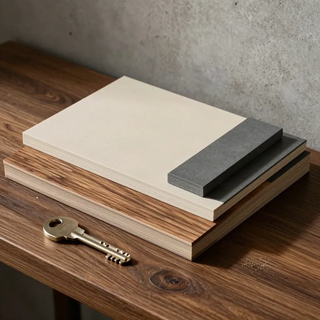Campioni di piastrella, parquet e tinte murali con clip in ottone su banco scuro.