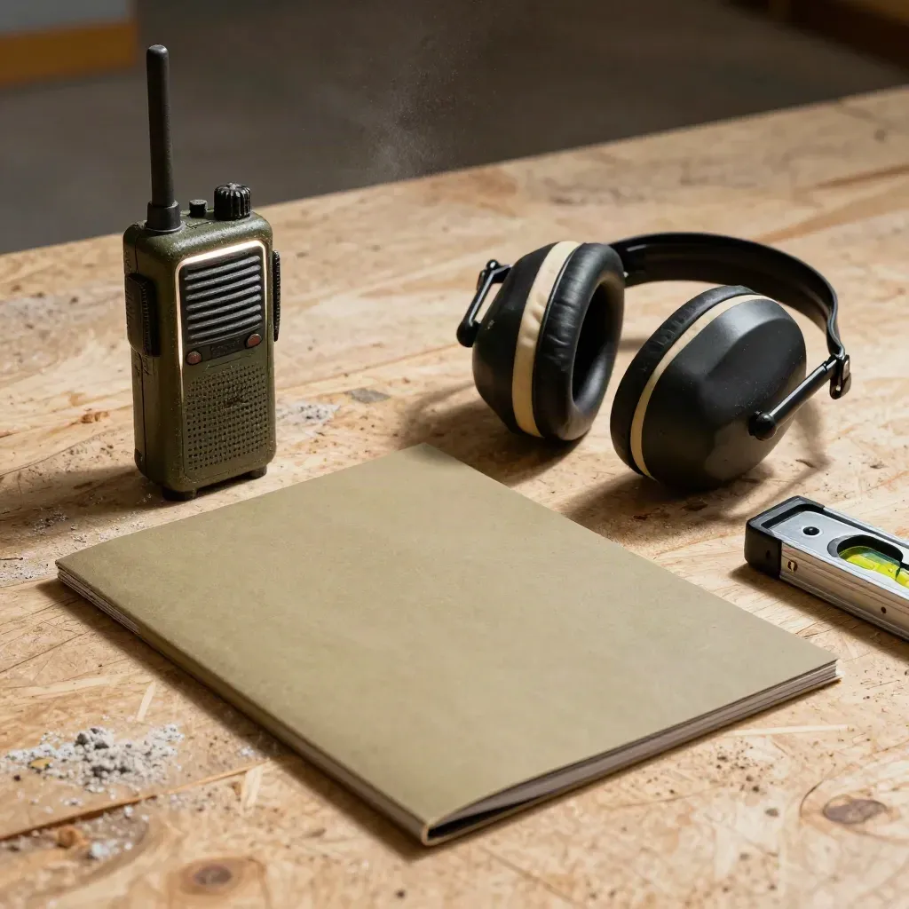 Radio da cantiere, cuffie antirumore, cartellina chiusa e livella su compensato polveroso