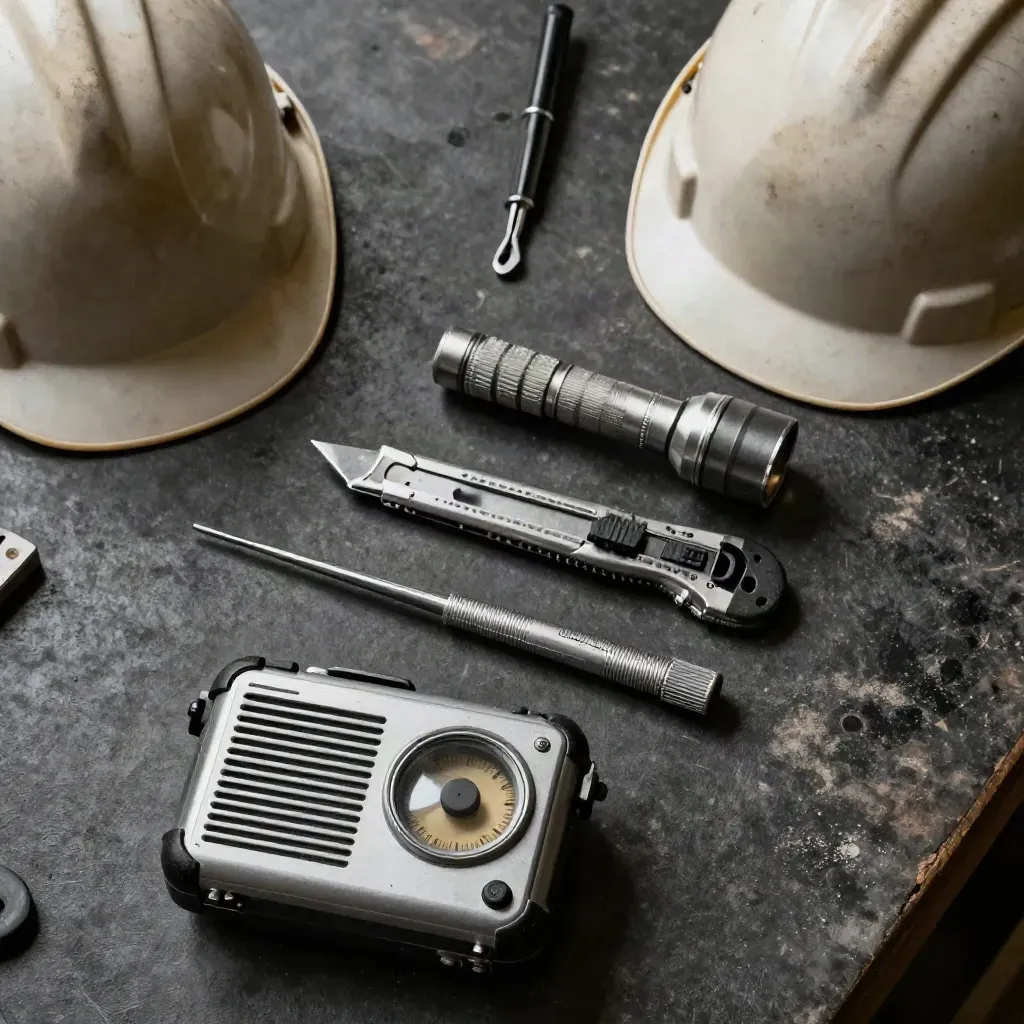 Radio da cantiere, casco usato, cutter e torcia su banco scuro polveroso
